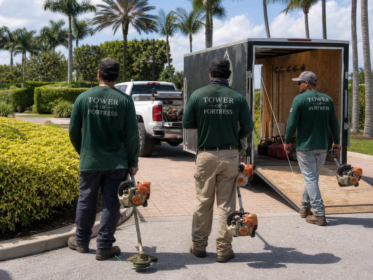 Tower Of Fortress landscaping crew with trimmers beside their truck and trailer at a community entrance