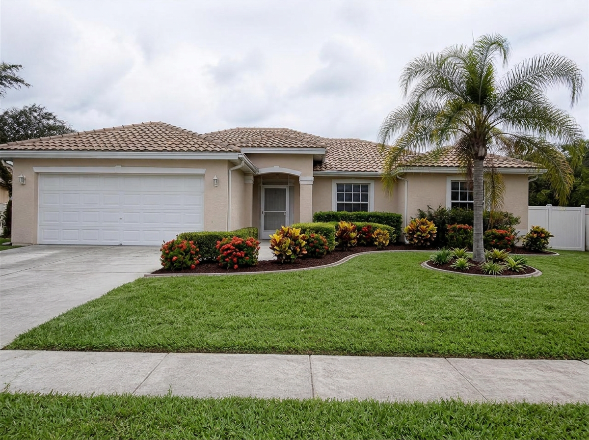 The same South Florida front yard after landscape renovation with new plantings, mulch and sod
