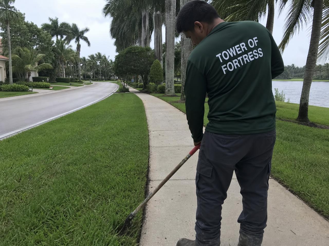 Landscaper edging a sidewalk along a South Florida community street