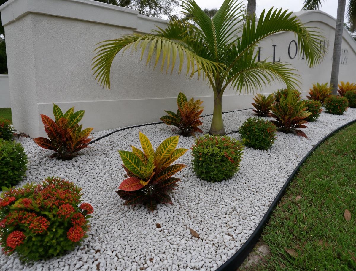 Renovated landscape bed with white decorative rock, crotons and a small palm