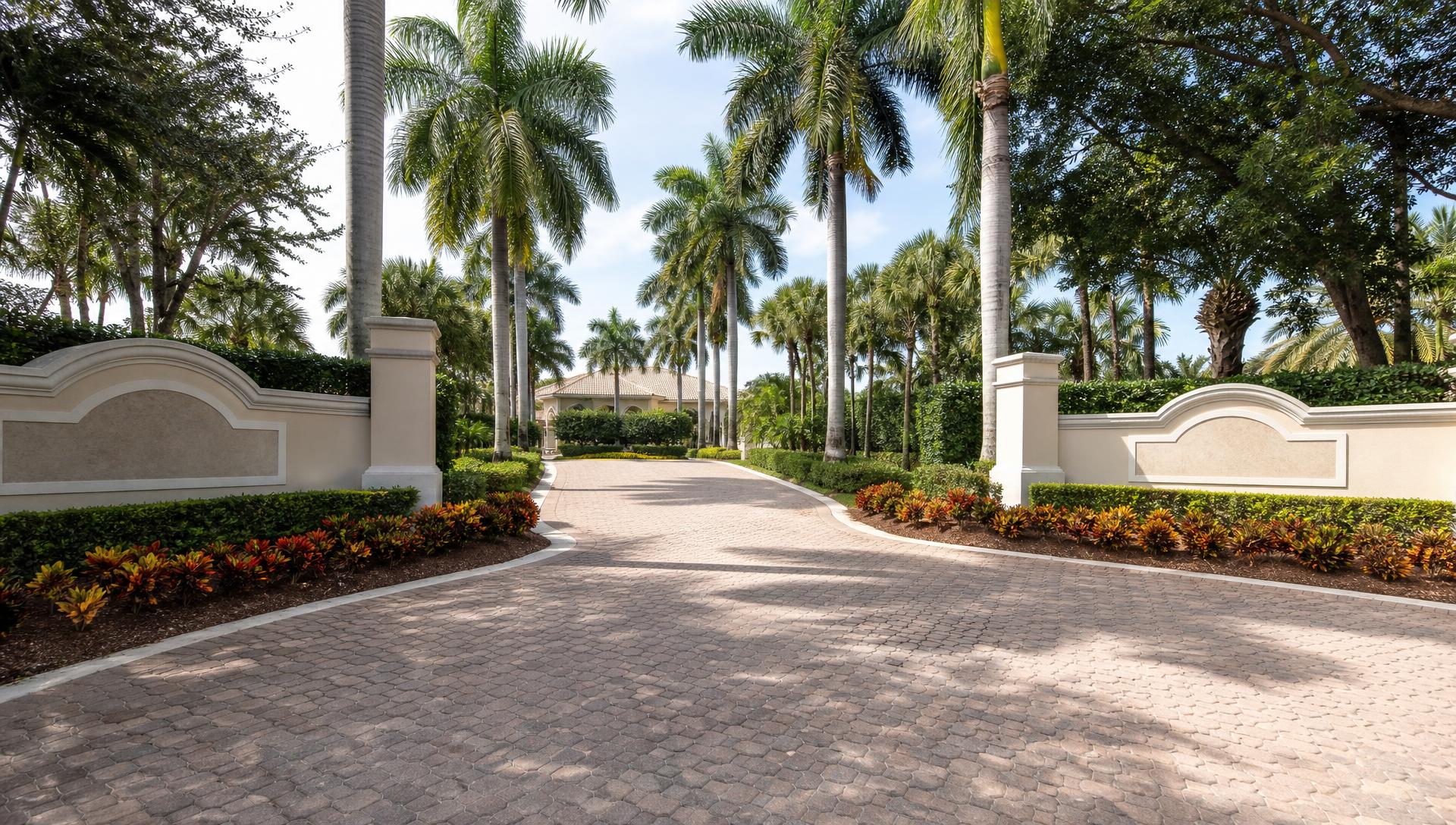 Royal palm lined entrance of an HOA community in West Palm Beach with clipped hedges and mulched croton beds