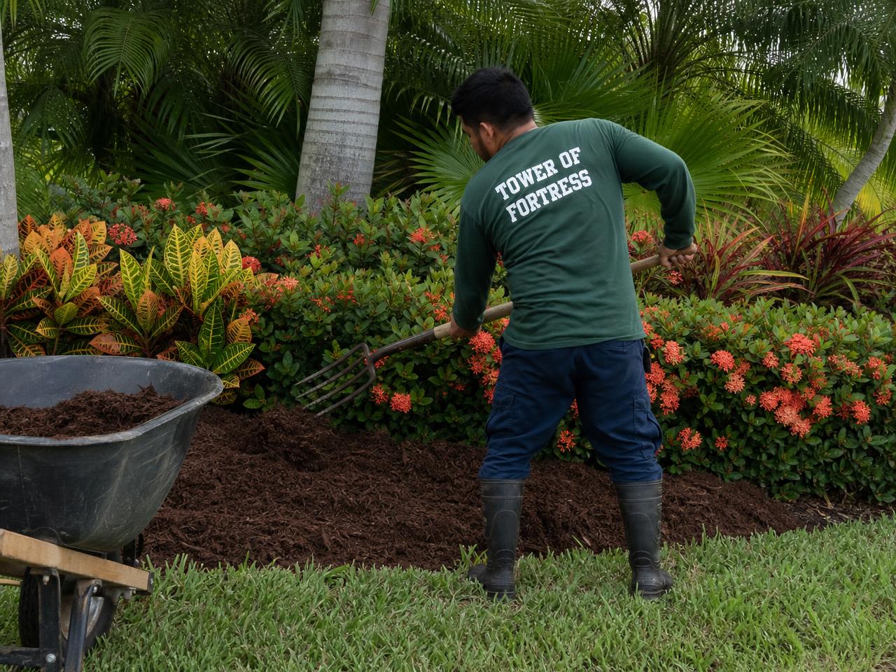 Worker spreading fresh mulch in an ixora and croton bed at a South Florida community entrance