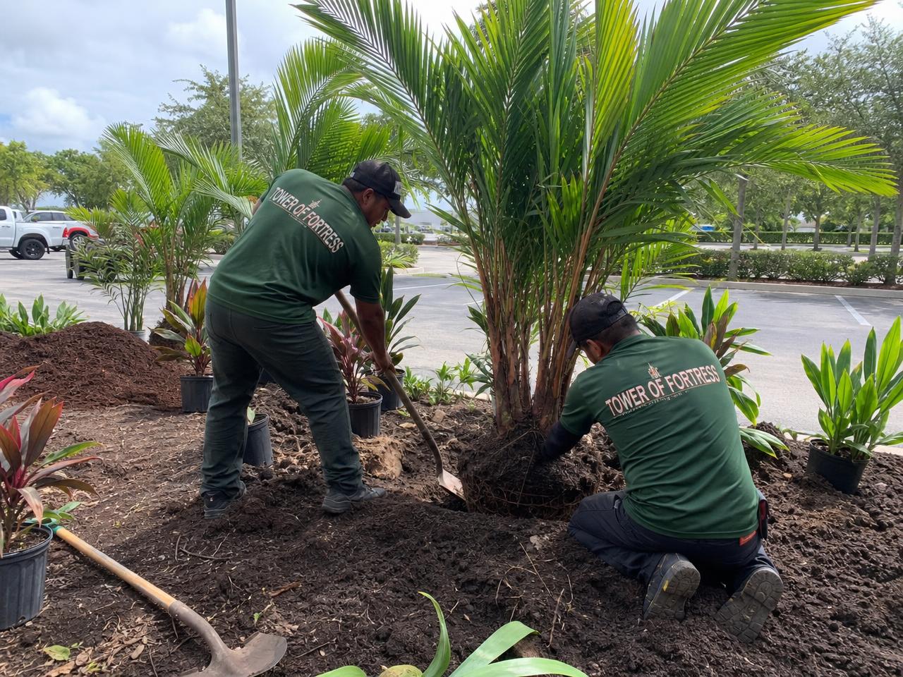 Crew installing palms and shrubs in a new landscape bed at a South Florida commercial plaza